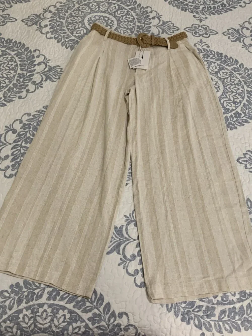ZARA WOMENS STRIPED WIDE LEG PANTS WITH BELT STRIPED/4387/057 Sz M